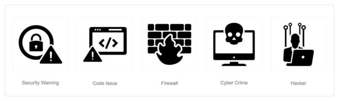 A set of 5 Cyber Security icons as security warning, code issue, firewall vector