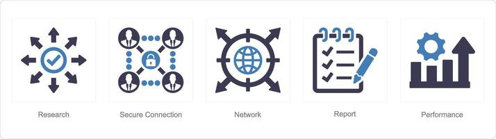 A set of 5 Data analysis icons as research, secure connection, network vector