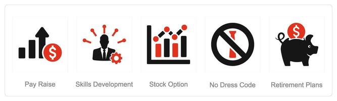 A set of 5 Employee Benefits icons as pay raise, skills developmen, stock option vector