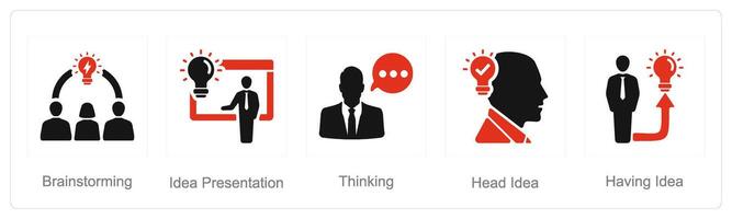 A set of 5 Idea icons as brainstorming, idea presentation, thinking vector