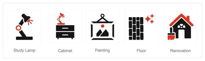 un conjunto de 5 5 hogar interior íconos como estudiar lámpara, gabinete, pintura vector