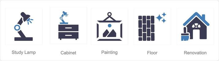 A set of 5 Home Interior icons as study lamp, cabinet, painting vector