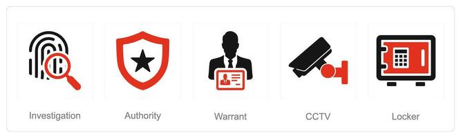 A set of 5 Justice icons as investigation, authority, warrant vector