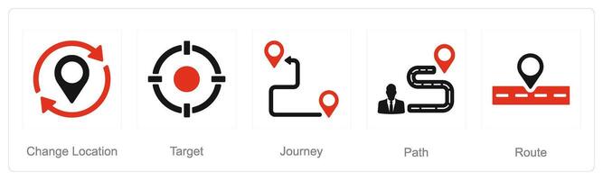 A set of 5 Location icons as change location, target, journey vector