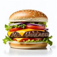 ai generado sabroso hamburguesa aislado en blanco antecedentes Fresco hamburguesa comida rápida con carne de vaca y queso foto