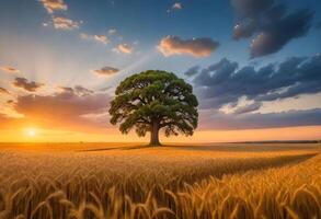 AI generated Wide angle shot of a single tree growing under a clouded sky during a sunset surrounded by grass photo