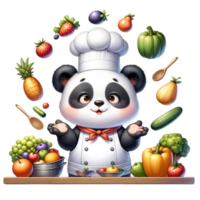 ai généré mignonne Panda chef chef jonglerie des fruits et des légumes aquarelle clipart ai produire png