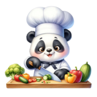 ai generado linda contento panda cocinero el cortar vegetales en un corte tablero acuarela clipart ai generar png