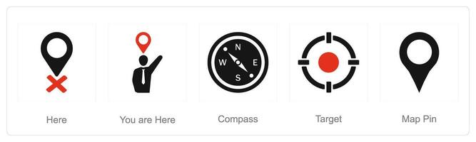 A set of 5 Location icons as here, you are here, compass vector