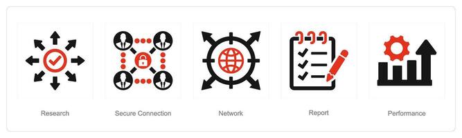 A set of 5 Data analysis icons as research, secure connection, network vector