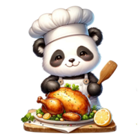 ai généré mignonne Panda chef cuisson une poulet aquarelle clipart ai produire png