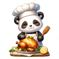 ai generado linda panda cocinero horneando un pollo acuarela clipart ai generar png