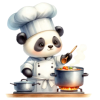 ai genererad panda kock tillsats kryddor till en ångande pott. vattenfärg ClipArt ai generera png