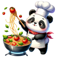 ai gegenereerd panda chef gooien spaghetti in een pan met tomaten en basilicum. waterverf clip art ai genereren png