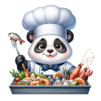 ai gegenereerd panda chef met een dienblad van vers zeevruchten waterverf clip art ai genereren png