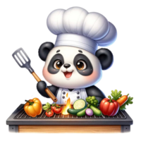 ai generado panda cocinero interrogatorio intenso vegetales en un abierto fuego acuarela clipart ai generar png