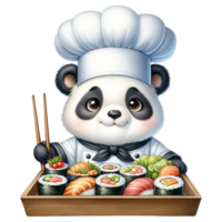 ai generado panda cocinero con Sushi acuarela clipart ai generar png