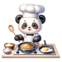 ai gegenereerd panda chef Koken ontbijt, met pannenkoek en ei waterverf clip art ai genereren png