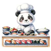 ai generato panda capocuoco con Sushi acquerello clipart ai creare png