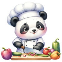 AI generated Cute happy Panda Chef  chopping vegetables on a cutting board  watercolor Clipart AI Generate png