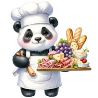 AI generated Cute Panda Chef  holding a tray of charcuterie watercolor Clipart AI Generate png