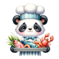 ai gegenereerd panda chef met een dienblad van vers zeevruchten waterverf clip art ai genereren png