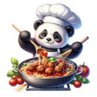 AI generated Cute Panda Chef  with a bowl of spaghetti and meatballs watercolor Clipart AI Generate png