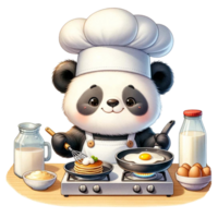 ai gegenereerd panda chef Koken ontbijt, met pannenkoek en ei waterverf clip art ai genereren png