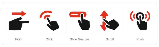 A set of 5 Hands icons as point, click, slide gesture, scroll vector