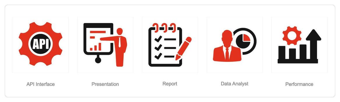 un conjunto de 5 5 datos análisis íconos como api interfaz, presentación, reporte vector