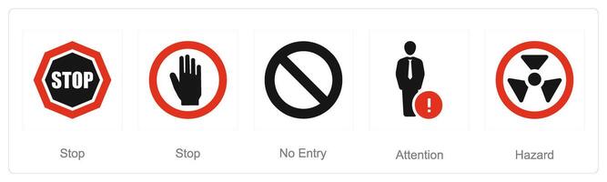 A set of 5 Hazard Danger icons as stop, no entry, attention vector