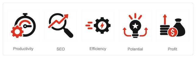 un conjunto de 5 5 incrementar rebaja íconos como productividad, SEO, eficiencia vector