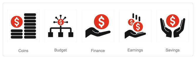 A set of 5 Finance icons as coins, budget, finance vector