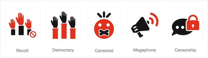 A set of 5 Freedom of Speech icons as revolt, democracy, censored vector