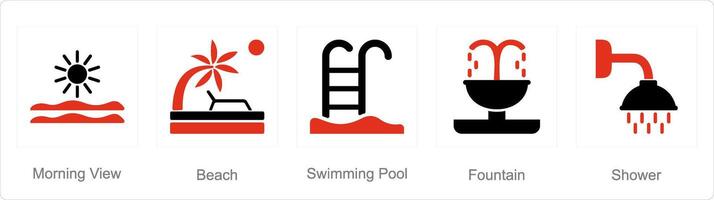 A set of 5 Mix icons as morning view, beach, swimming pool vector