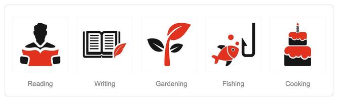 A set of 5 Hobby icons as reading, writing, gardening vector