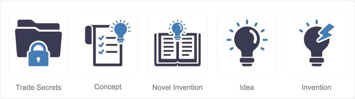 A set of 5 Intellectual Property icons as trade secrets, novel invention, idea vector