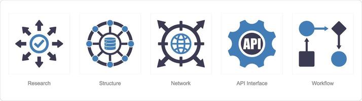 A set of 5 Data analysis icons as research, structure, network vector