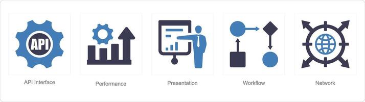 A set of 5 Data analysis icons as api interface, performance, presentation vector