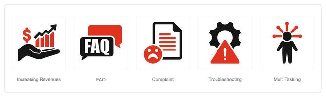 A set of 5 Customer service icons as increasing revenue, faq,  complaint vector
