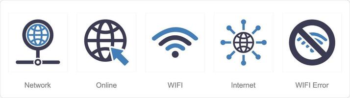 A set of 5 Internet Computer icons as online, wifi, internet, wifi error vector