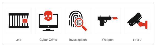 A set of 5 Justice icons as jail, cyber crime, investigation vector