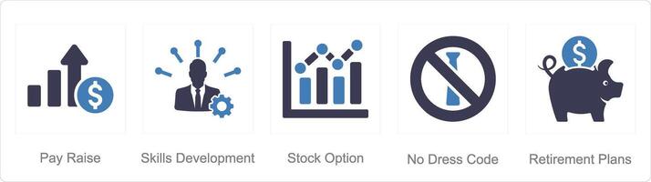 A set of 5 Employee Benefits icons as pay raise, skills developmen, stock option vector