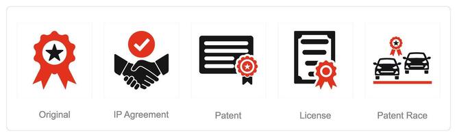 A set of 5 Intellectual Property icons as original, ip agreement, patent vector