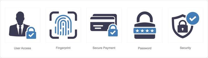 A set of 5 Cyber Security icons as user access, fingerprint, secure payment vector