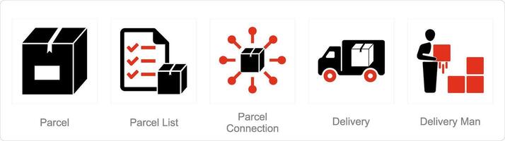 A set of 5 Mix icons as parcel, parcel list, parcel connection vector