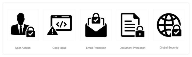 un conjunto de 5 5 ciber seguridad íconos como usuario acceso, código asunto, correo electrónico proteccion vector