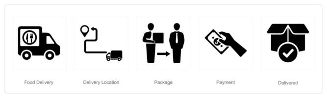 A set of 5 delivery icons as food delivery, delivery location, package vector