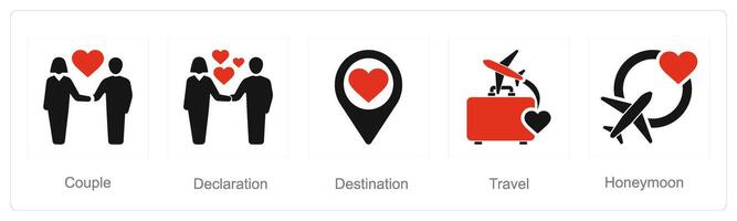 A set of 5 Honeymoon icons as couple, declaration, destination vector