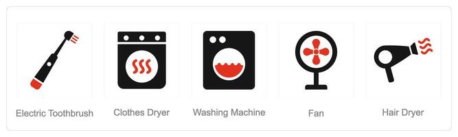 A set of 5 Home Appliance icons as electric toothbrush, clothes dryer, hair dryer vector